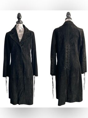 Vintage Black Leather Coat Corset Lace-Up Back Gothic Pirate Duster